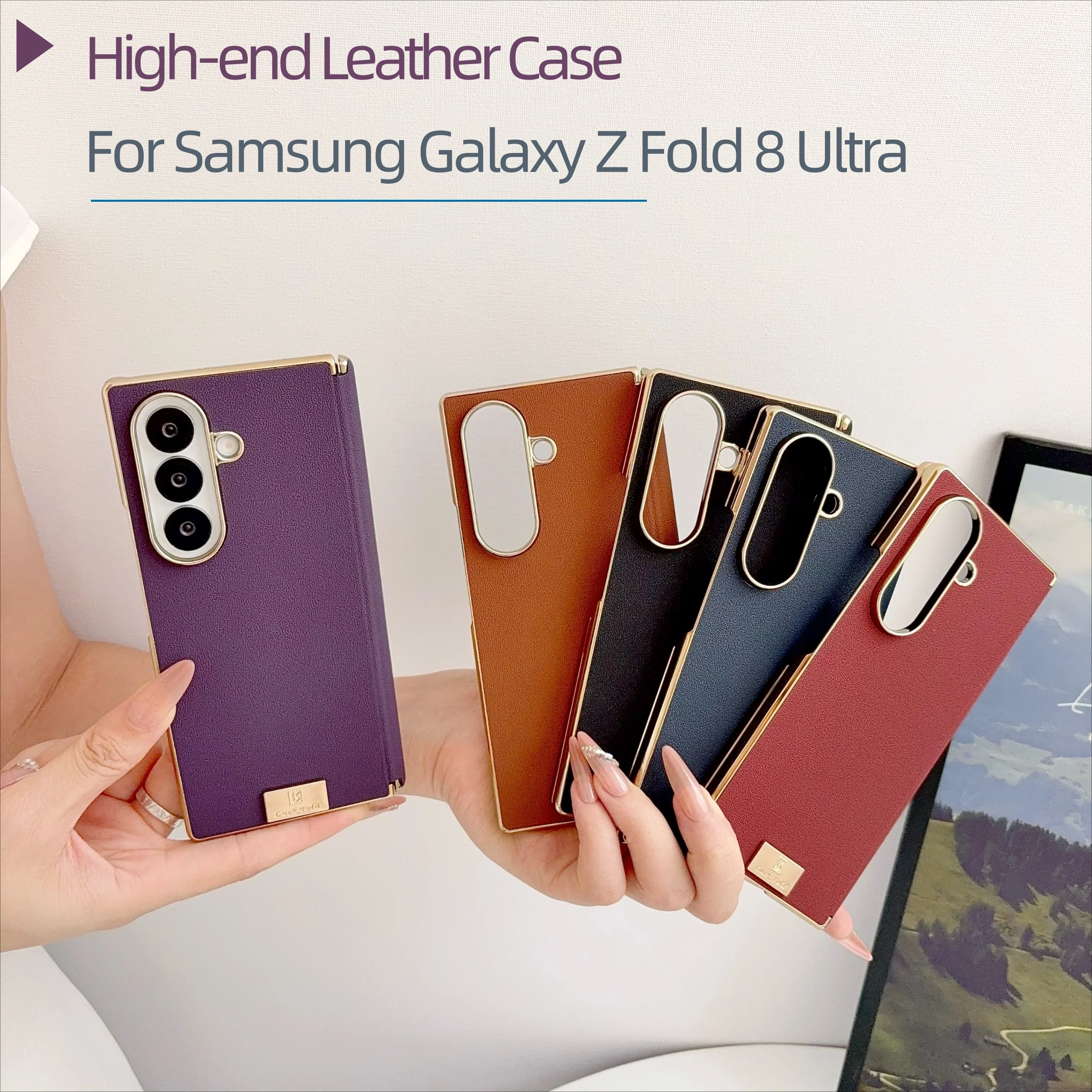 Plating Bumper Plain Leather Flip Case for Samsung Galaxy Z Fold 8 Ultra 7 6 5 Raised Camera Bezel Magnetic Hinge Protect Cover