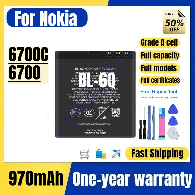 

BL-6Q for Nokia 6700C/6700 Mobile Phone Battery High Quality High Capacity Battery Replacement Bateria Grade A Cell with Tools