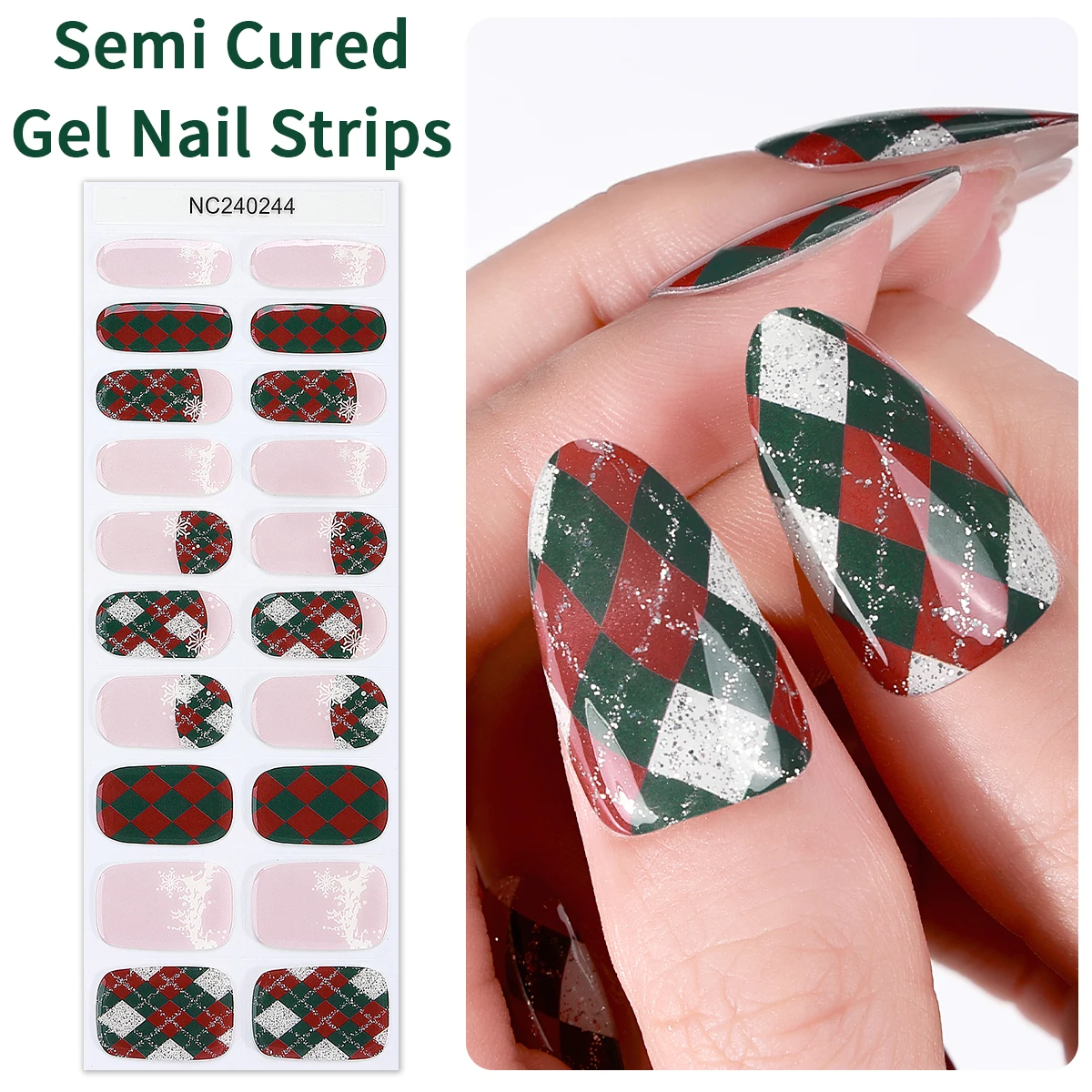 20tips Christmas Semi-Cured Gel Nail Strips Red Green New Year Nail Gel UV Stickers For Manicure DIY Adhesive Nail Stickers