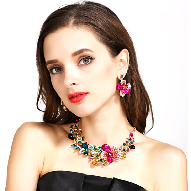 Sparkly Crystal Jewelry Set Fashion Women Choker Flower Crystal Pendant Necklace Wedding Jewelry Set Wedding Party