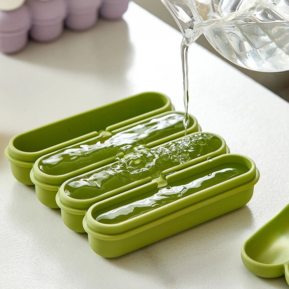4 Grids Silicone Ice Cubes Trays,Summer Long Strip Ice Cubes Mold,Easy Release Silicone Ice Mold With Lid For Water Bottles