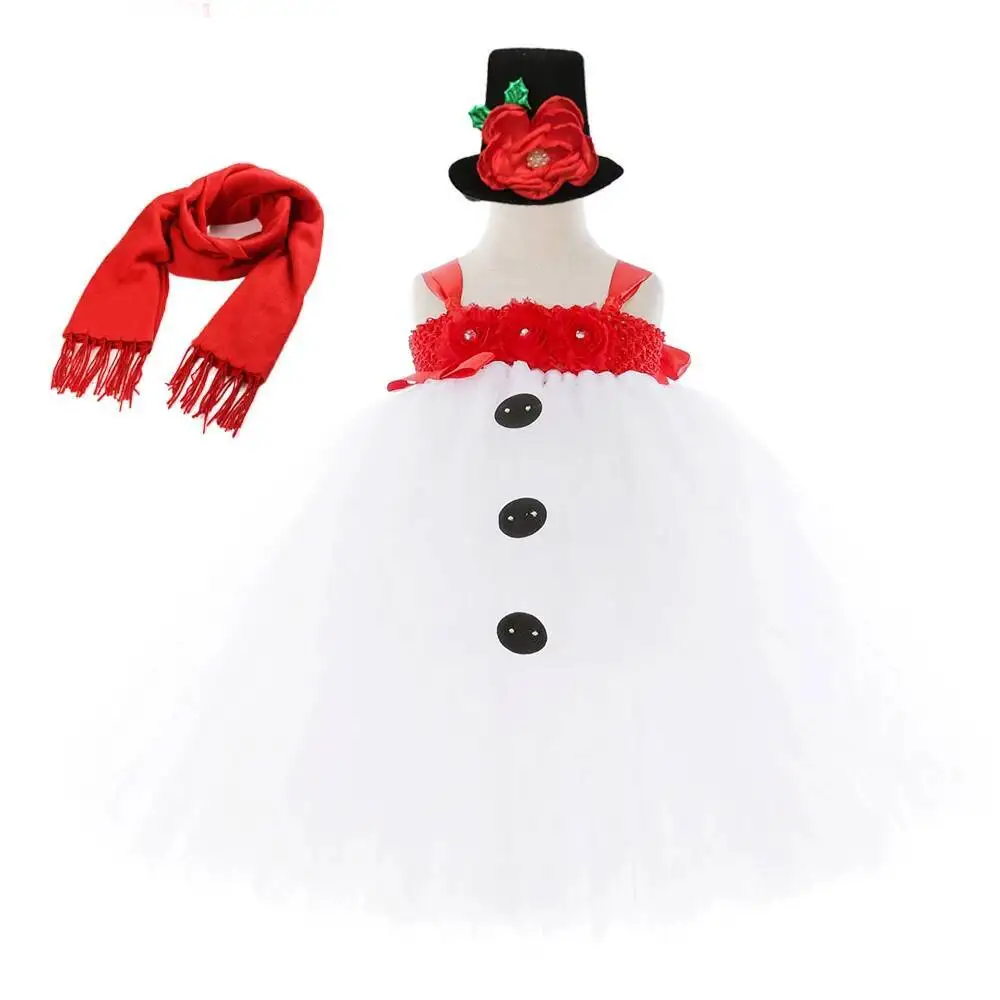 White Snowman Costumes for Girls Christmas Holiday Long Tutu Dress for Kids Xmas Party Clothes New Years Outfit with Scarf Socks