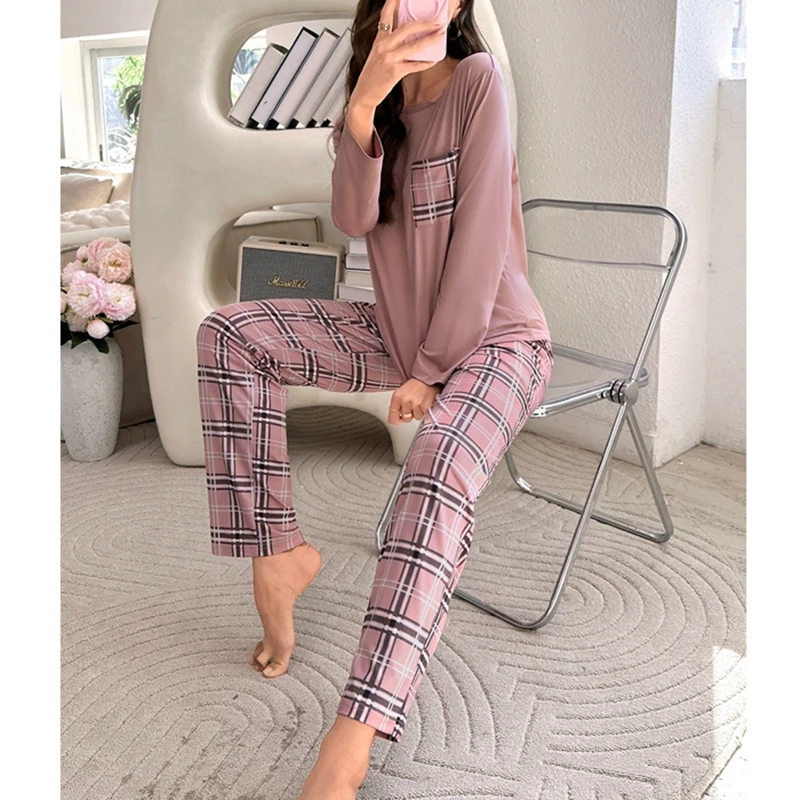 Women Pajamas Long Sleeves Plaid Pants Pajama Sets Autumn Winter Milk Silk O-neck Woman Loungewear Girls Nightwear