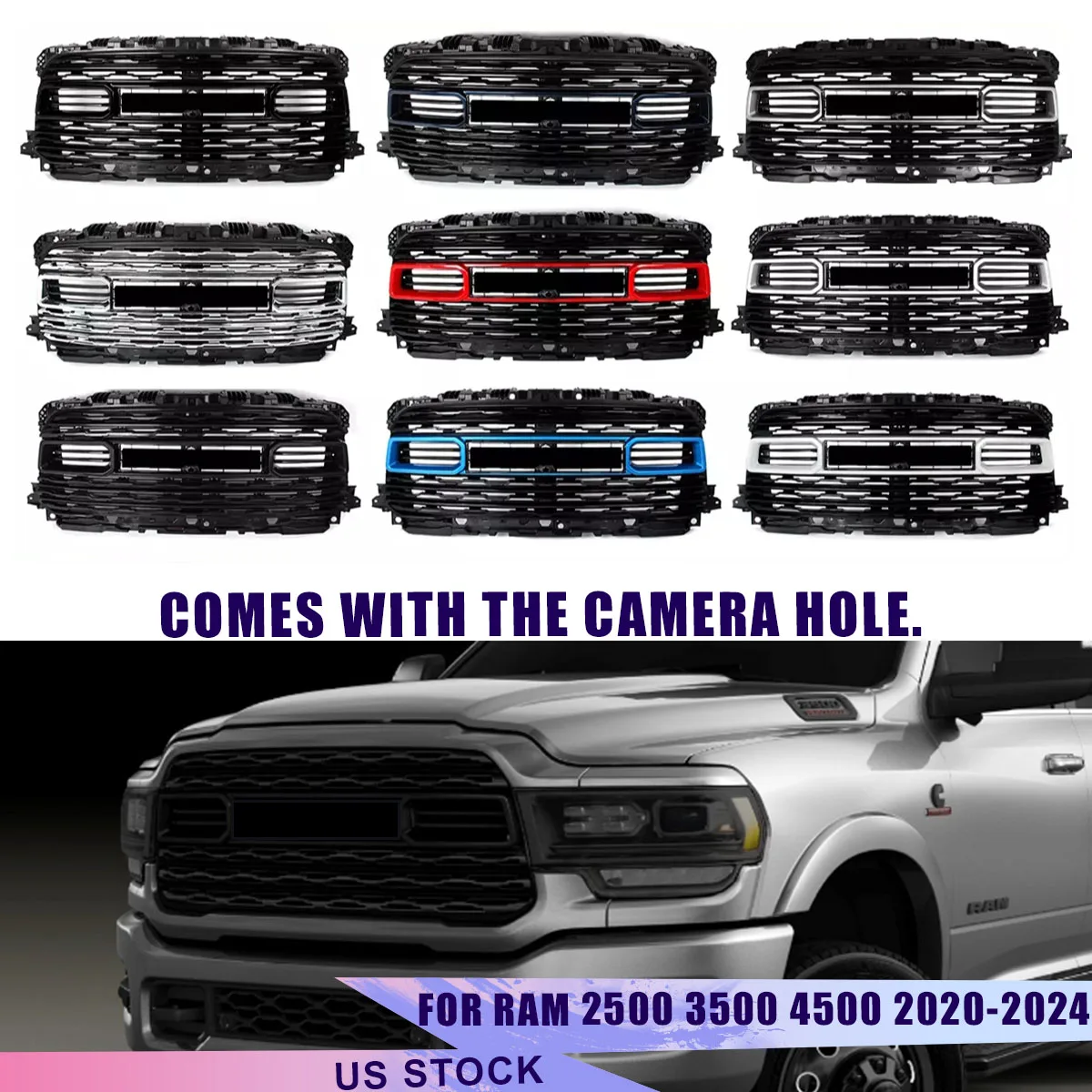 شبكة مركزية للمصد الأمامي من Magickit لذاكرة الوصول العشوائي 2500 3500 4500 2020 2021 2022 2023 2024 شبكة شواء السباق العلوية مع فتحة الكاميرا