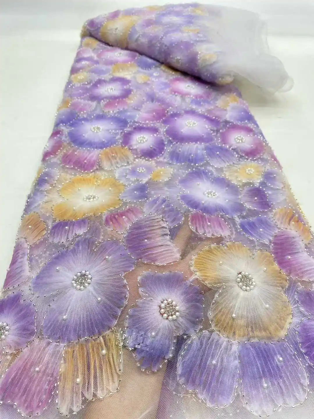 2025 Neueste Afrikanische Net Spitze Perlen Chiffon Spitze Stoff Hohe Qualität 3d 5 Yards Nigerian Französisch Tüll Spitze Stoff für Hochzeit