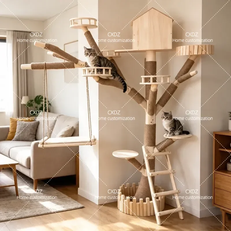 Wall Mounted Cat Tree Climbing Frame with Litter Box Integrated Large Multi Cat Activity Center Household Trunk Design for