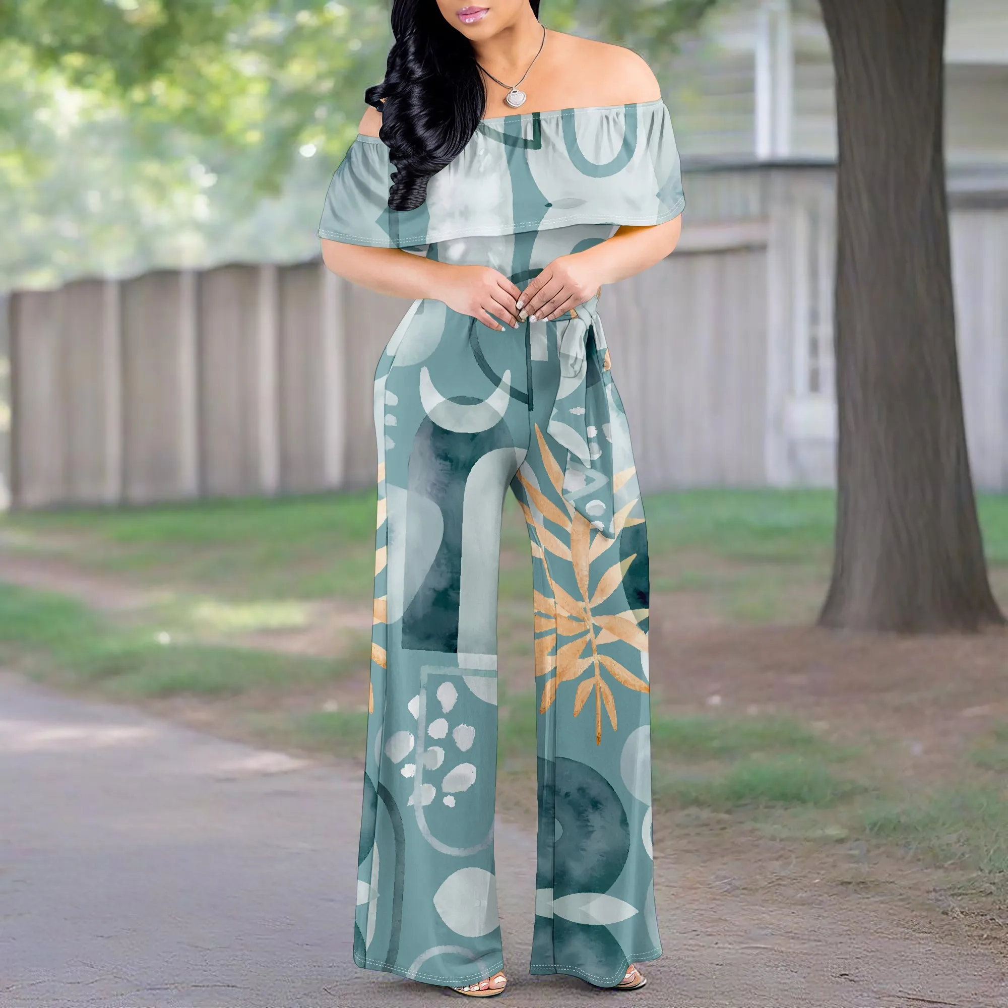 

Boho Off Shoulder Jumpsuit for Women Multicolor Stripe Print Wide Leg Romper Festival Beachwear Style