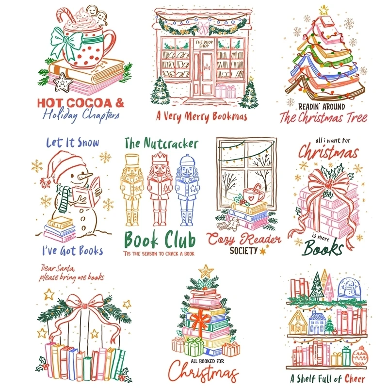 Cartoon Christmas Line Book Snowman Heat Transfer Stickers DTF Iron On Transfer Patches For Children's adult Clothes decoration