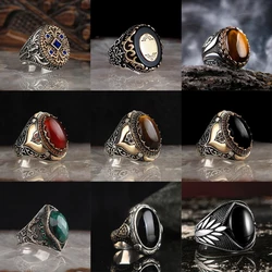 New Retro Turkish Handmade Silver Color Men Rings Vintage Carved Eagle Pattern Black Zircon Stone Rings 2023 Punk Muslim Jewelry