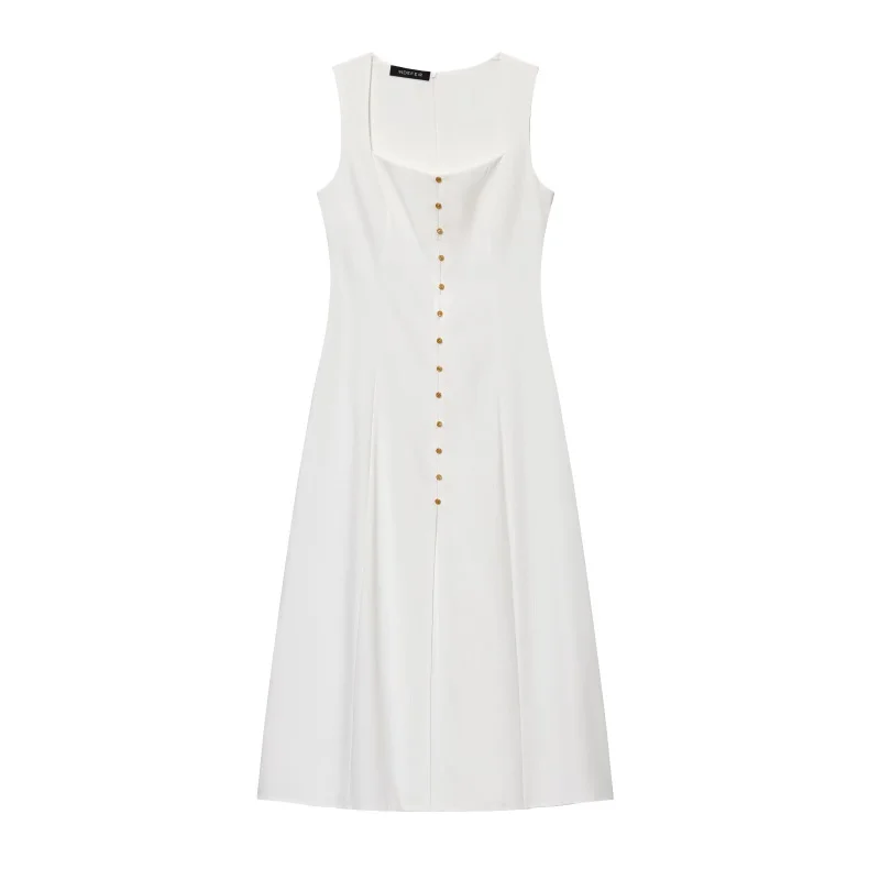 ETJ 2025 summer new  women's fashion sleeveless square collar multi-button decorative temperament simple MIDI dress