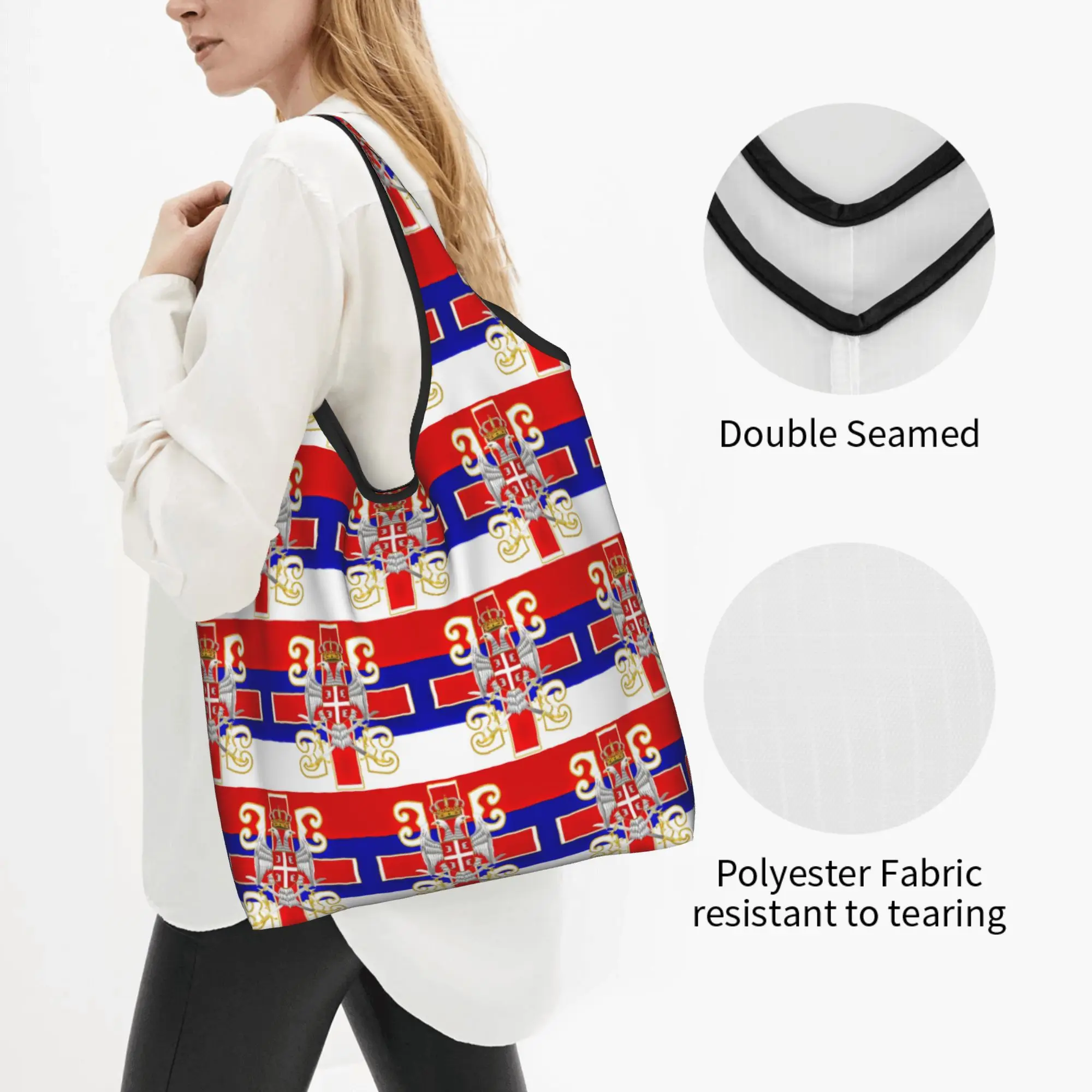 Recycling Serbia Flag Shopping Bag Women Tote Bag Portable  Groceries Shopper Bags