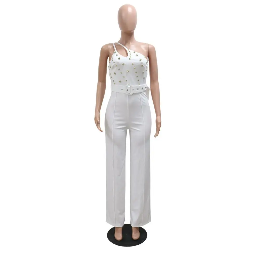 Sexy Beaded Elegant Jumpsuit With Belt Women One Piece Outfit 2023 Autumn Street Straight Pants Female Irregular Luxury Jumpsuit