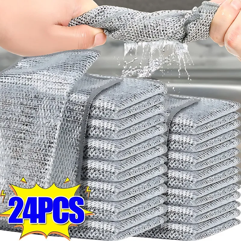 24/1pcs Thickened Steel Wire Cleaning Cloth Non-Scratch Double-layer Iron Microfiber Mesh Dishrag Washing Pot Rags Kitchen Towel