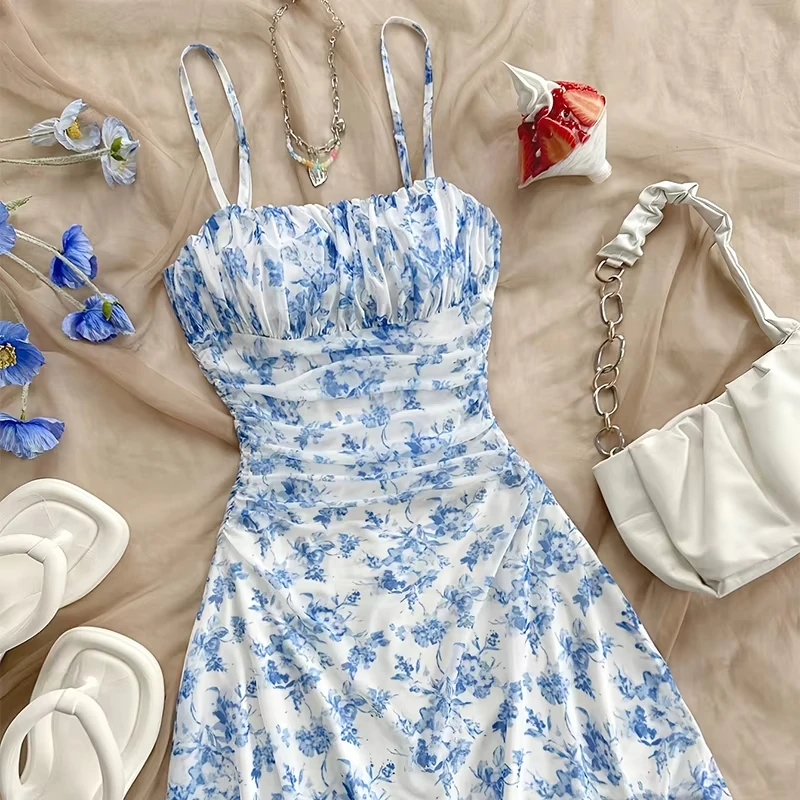 Sommer Frauen Floral Mini Kleid Mode Falten Hohe Taille Sexy Backless Slip Kleider Urlaub Stil Sling Strand Sommerkleid