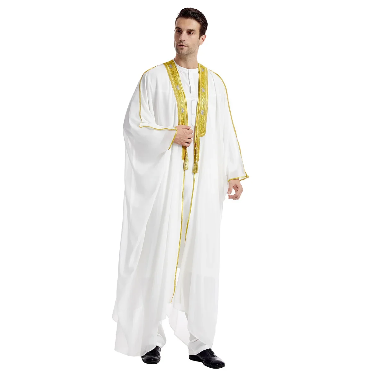 Dubai Men Muslim Stand-up Collar Plain Muslim Robes United Arab Emirates, Saudi Arabia, Embroidered Gold Bead Chiffon Outer Cape