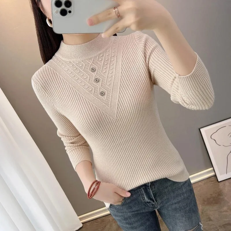 Verdickter, schmaler Doppelkragen-Pullover für Damen, modisches inneres, halbhohes Strick-Basishemd