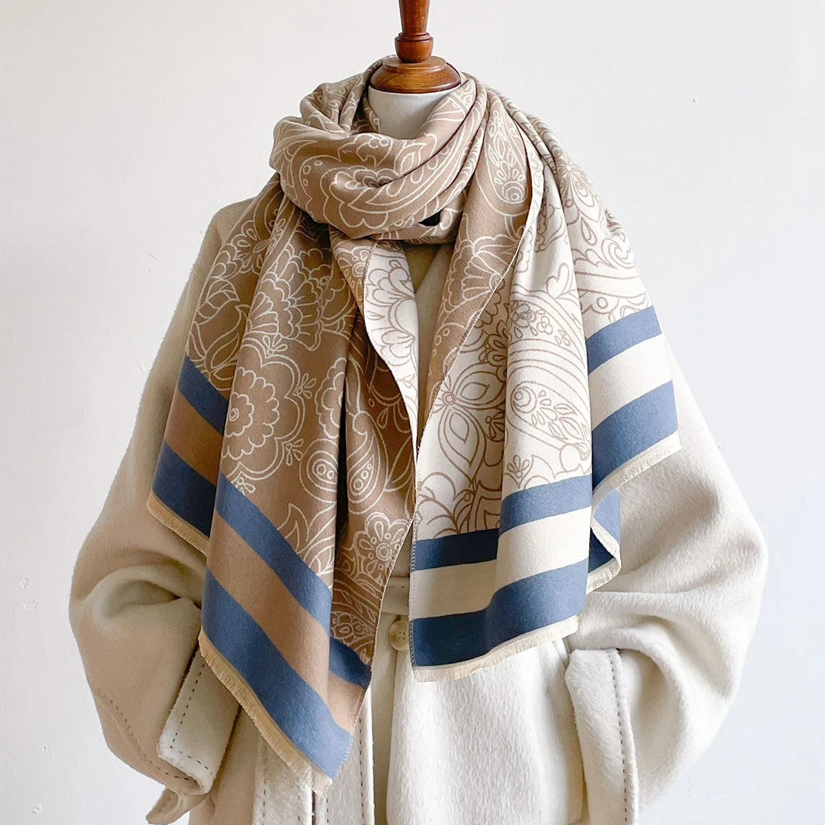 Winter High Grade Faux Cashmere Shawl Women Khaki Vintage Classic Paisley Floral Motif Thick Cozy Warm Large Wrap Scarf