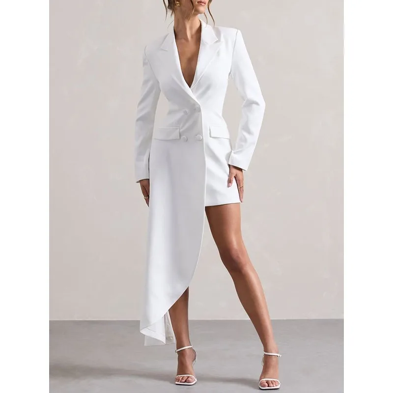 ブラック アシンメトリー ロングドレス レディース 2025 おしゃれ ノッチド 長袖 ボタンポケット ビジネス ワークウェア ミディドレス 177362