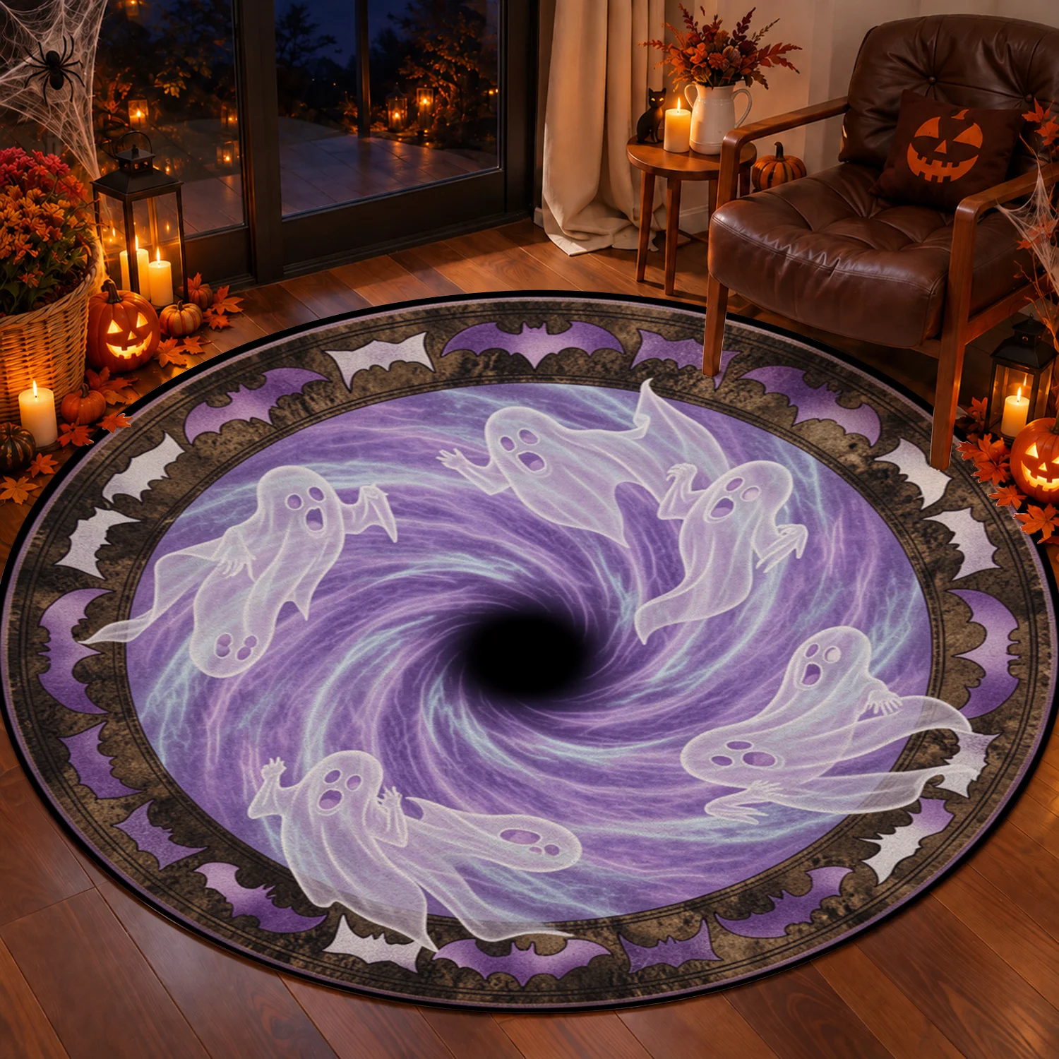 Spooky Ghost Bat Pattern Round Velvet Rug, Machine Washable, Stable Grip for Living Room, Bedroom, Entryway, Dining Space, Ideal for Halloween, Thanksgiving, Christmas, New Year, Black Friday, Cyber Monday