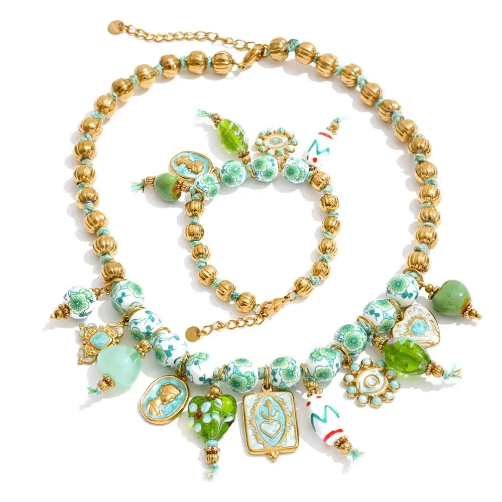 Women's Handmade Beads Chain Ceramic Heart Eye Drop Necklace Bracelet Set