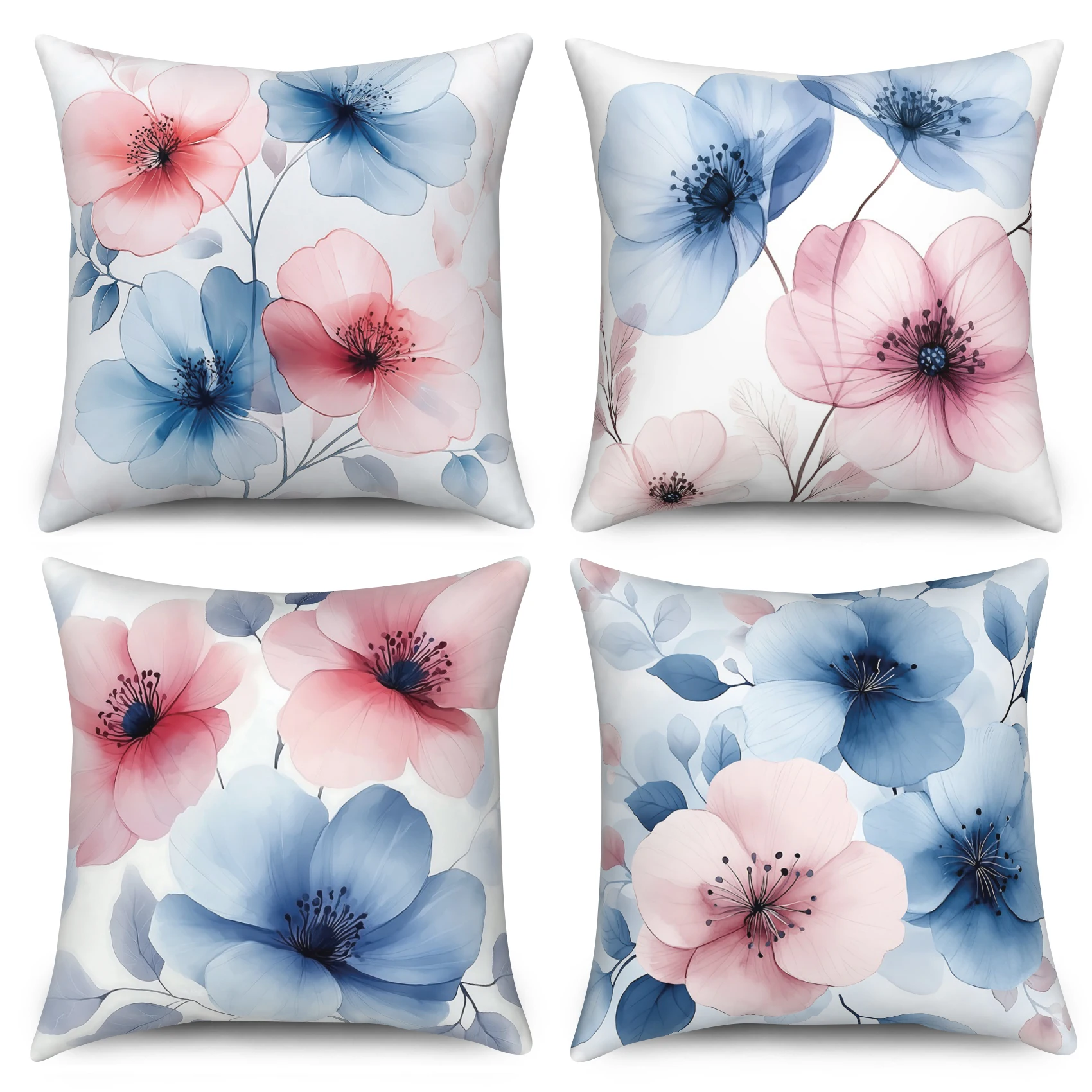 4Pcs Minimalist Watercolor Pink Blue Floral Throw Pillow Covers Pastel Flower Polyester Linen Cushion Cases for Home Decoration