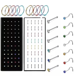 40/60Pcs Straight Nose Stud Curved Pack Crystal Nose Ring Set Stud Lot Nariz Nase Pircing Nose Ring Set Bend Piercing Non-Pack