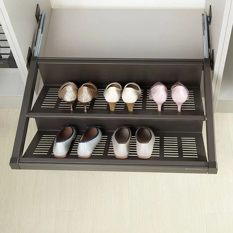Modern Adjustable 2 Tier Soft Closing Pull Out Sliding Wardrobe Cabinet Storage Shoe Closet Shoe Rack For Closet