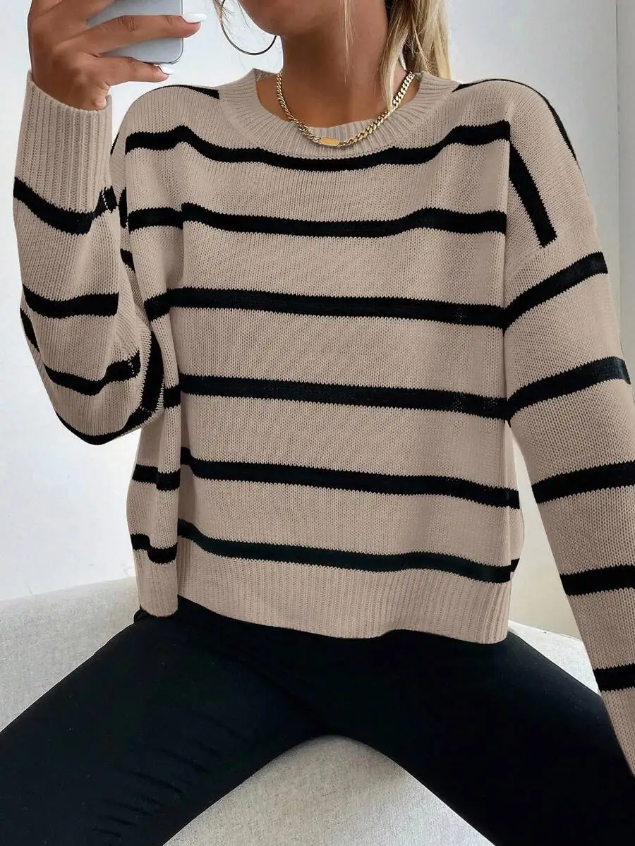 

Women Striped Drop Shoulder Long Sleeve Loose Casual Sweater