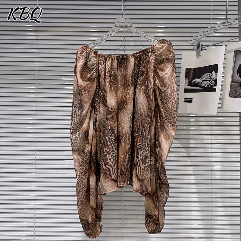 

KBQ French Hit Color Leopard Print Blouse for Women Slash Neck Off The Shoulder Sleeve Patchwork Diamonds Shirt Female Fashion