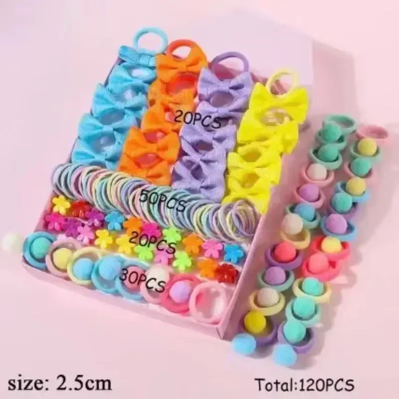 120PCS Hair Accessories Set For Girls Colorful Bowknot Hair Band Children Ponytail Holder Hair Ties Kids Elastic Rubber Bands