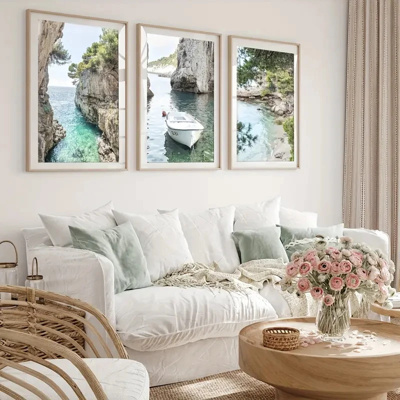 3pcs/Set Bay Transparent Water Boat Art Wall Decoration Canvas Poster Beautiful Strait Scenery Living Room Bedroom Home Decor