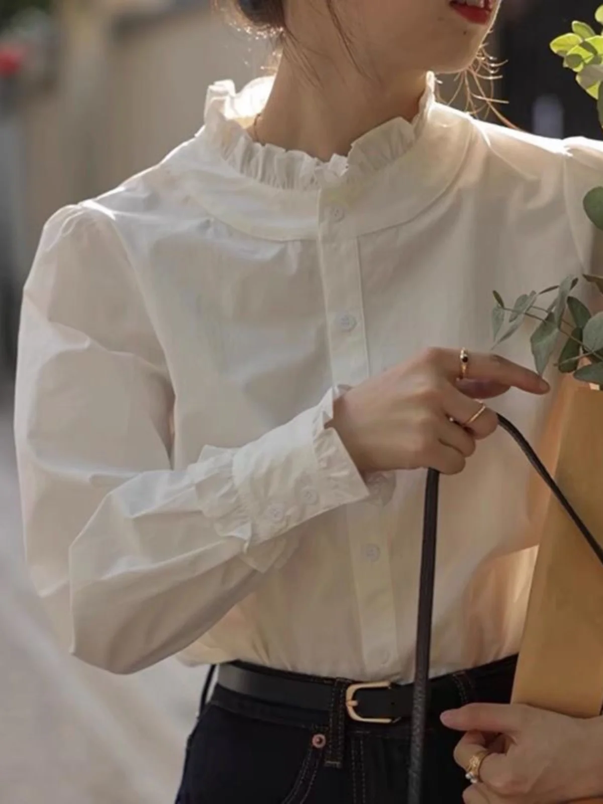 

Белый кружевной воротник Long Sve irt, женский осенне-зимний новый Sle Ele, красивый маленький топ для поездок на работу, простой прямой...