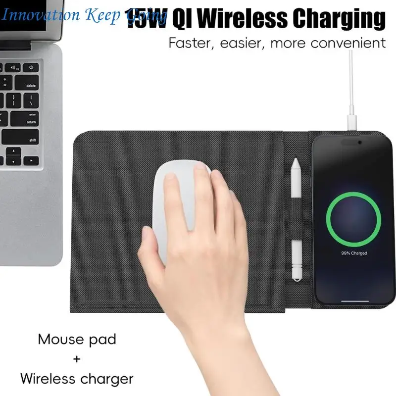 E65C Foldable Leather Mouse Pad With Wireless Charging And Stand Function Universal For Smartphones And Smartwatches