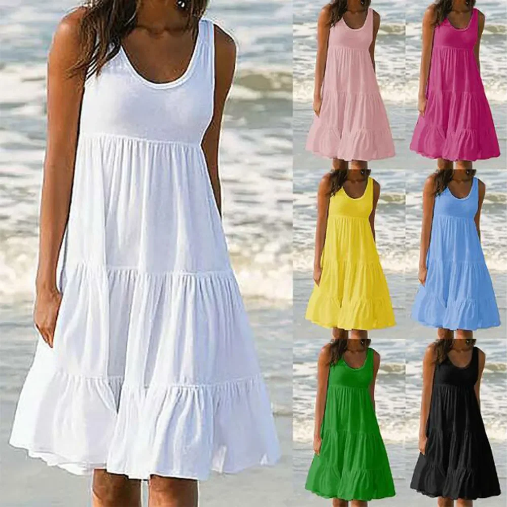 

Women Causual O Neck Sleeveless Ruffles Mini Dress Boho Solid Beach Sundress Oversized Loose Dress