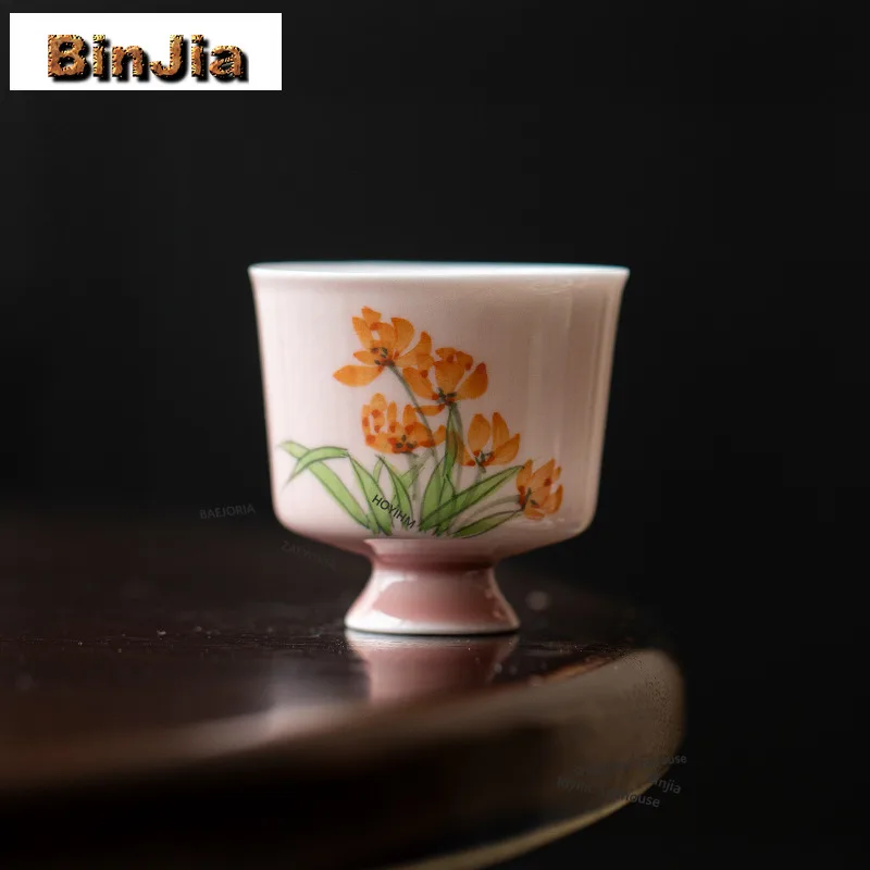 BAEJORIA 2pc/lot Hand Drawn Orange Blossom High-foot Teacup Zen Tea Bowl Mug Tea-tasting Fragrance Cup Chazhan Master Cups 35ml
