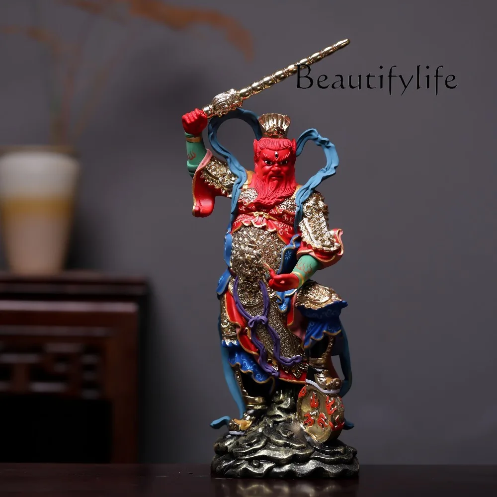 Wang Lingguan Statue Hand-Carved Hinoki Wood Three-Eyed Fire God Marshal, Painted Taoist Guardian Deity for Home Worship