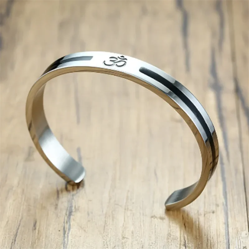 Stainless Steel OM Ohm Aum Hindu India Yoga Cuff Bangle for Men Silver-color Buddhist Religion Open Cuff Bracelet Punk Jewelry