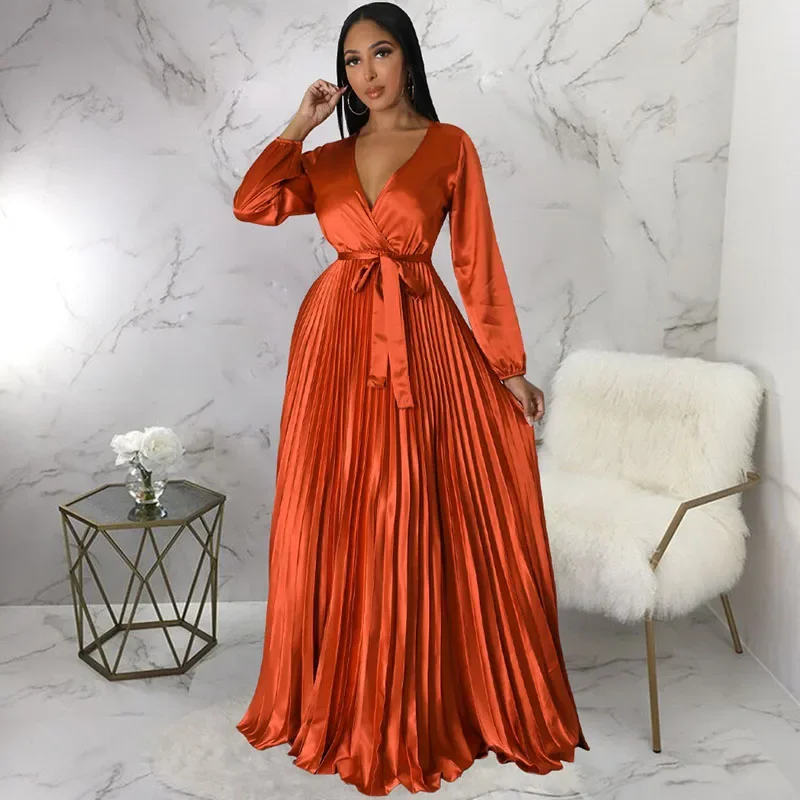 도이어르 긴소매 브이넥 새틴 드레스 여성 우아한 하이웨이스트 플리츠 A라인 클럽 파티 롱 드레스 (허리띠 포함) 여성용 로브