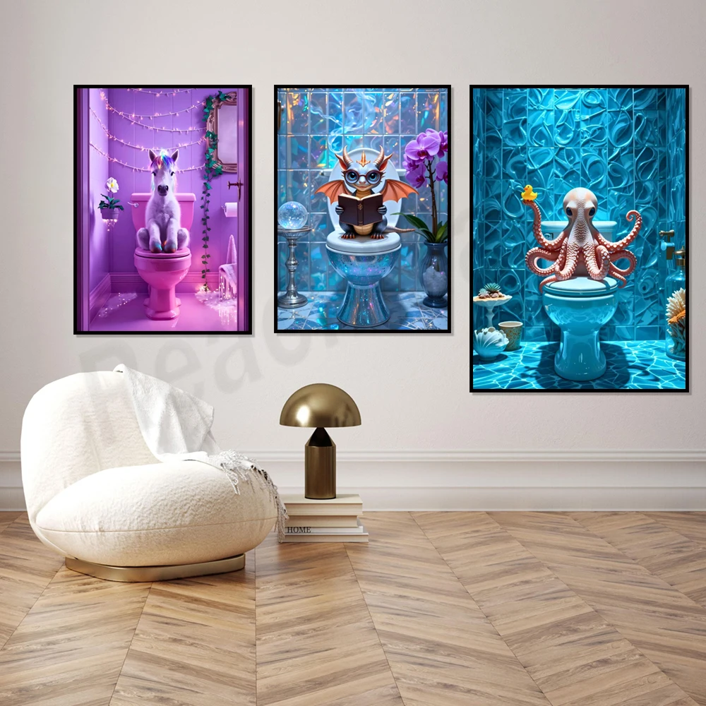 Fantasy animal prints, bathroom art, whimsical animal wall decor posters, surreal bathroom prints