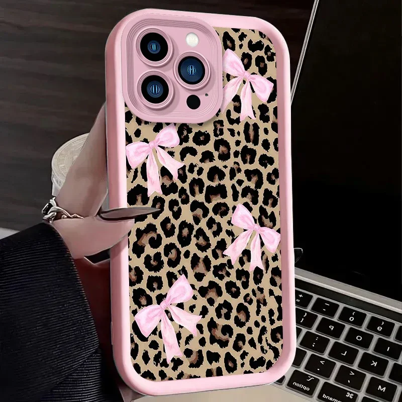 ليوبارد طباعة الوردي القوس قضية الهاتف آيفون 17 الهواء 16 16E 15 14 13 12 11 برو ماكس X XS X S ماكس XR SE 2020 SE4 7 8 غطاء سيليكون