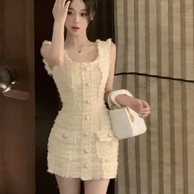 Elegant Name Lady Small Fragrance Style Dress Summer New Gentle Short Slim Fit Wrap around Strap Dress Luxury Minimalist Skirt