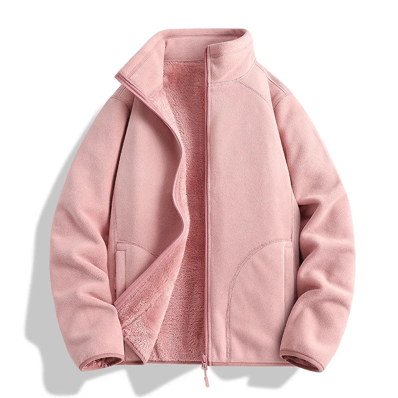 Herbstliche, leichte, beidseitig gefütterte Fleecejacke, Unisex, mit Stehkragen, dick, warm, mit flauschigem Innenfutter, Herren- und Damenmodell, thermische Oberbekleidung. – Detail 8
