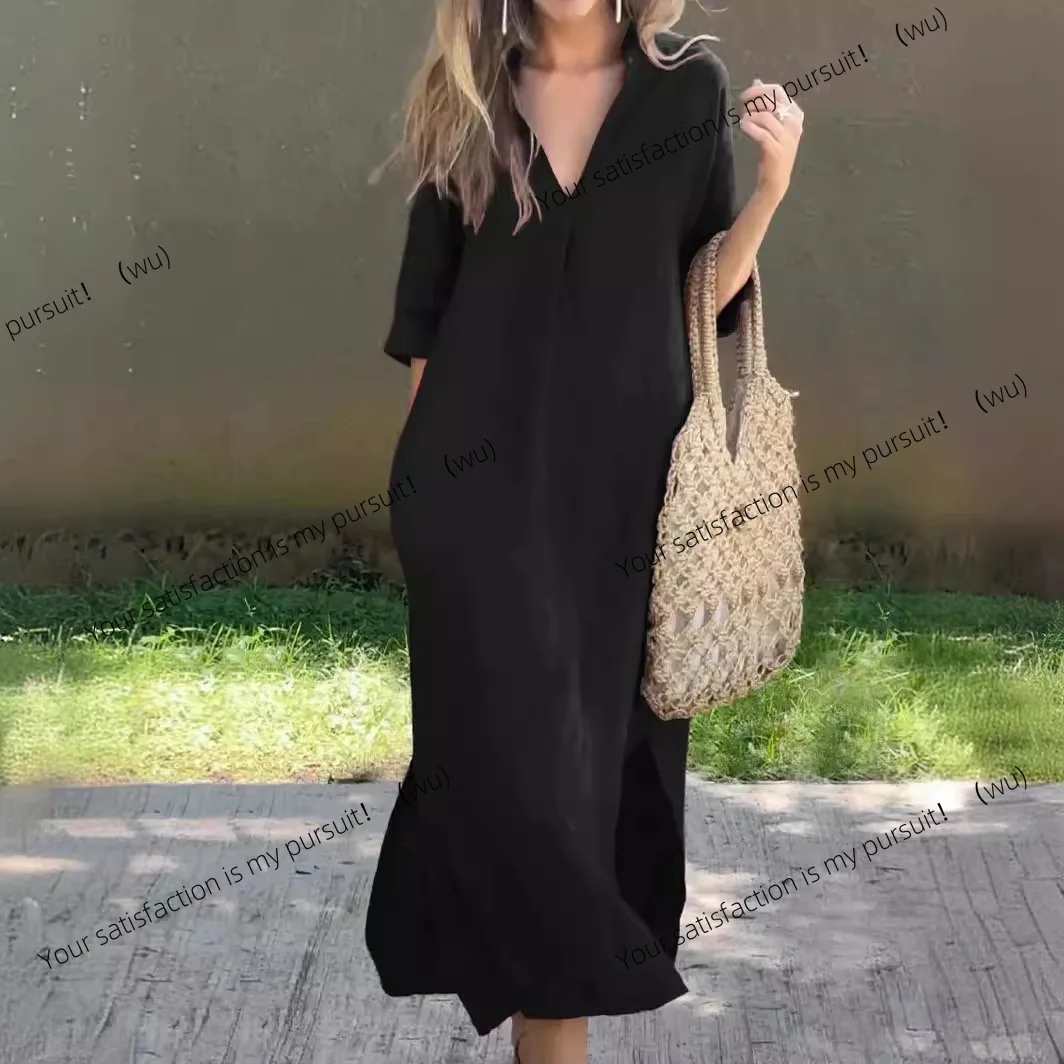 ZOCI-2025 vestido de moda de verano para mujer, diseño de color sólido, estilo casual, camisón de mujer con bolsillos elegantes
