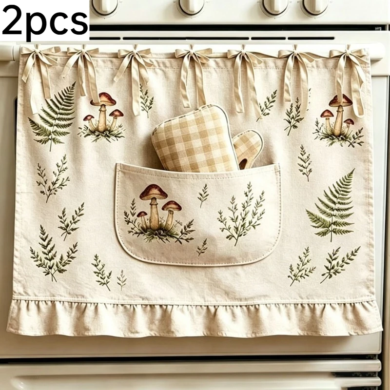 2pcs Vintage Harvest Fabric Window Valance Dual Storage Pockets Tie Up Design Kitchen Half Curtain Decor