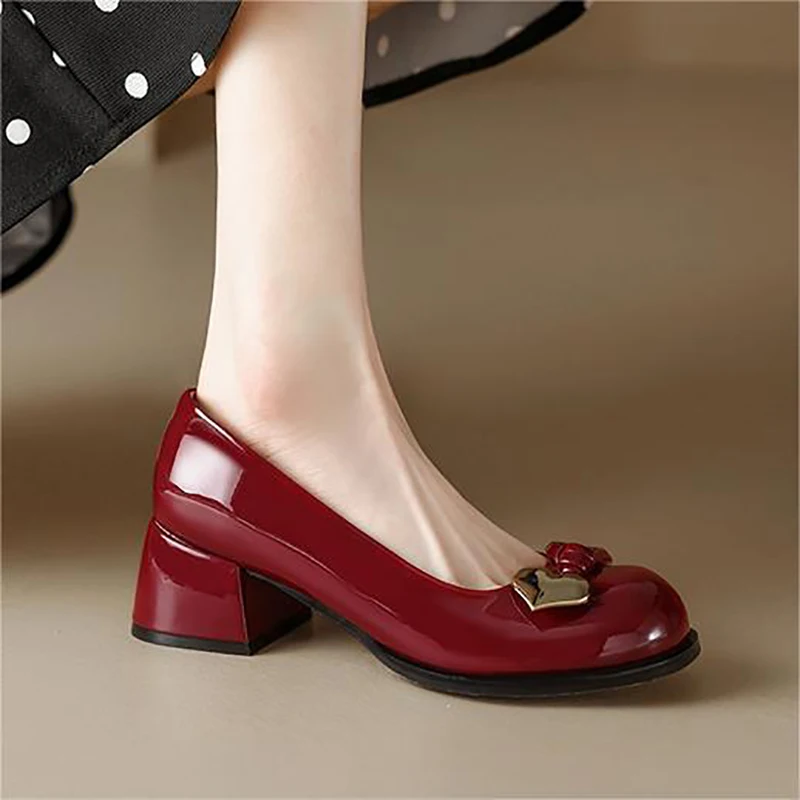 Women Pumps Ladies Mary Jane Patent Leather Chunky Heel Shallow Sandals Female Fashion Retro Bow-knot Rround Toe Soft Cozy Shoes