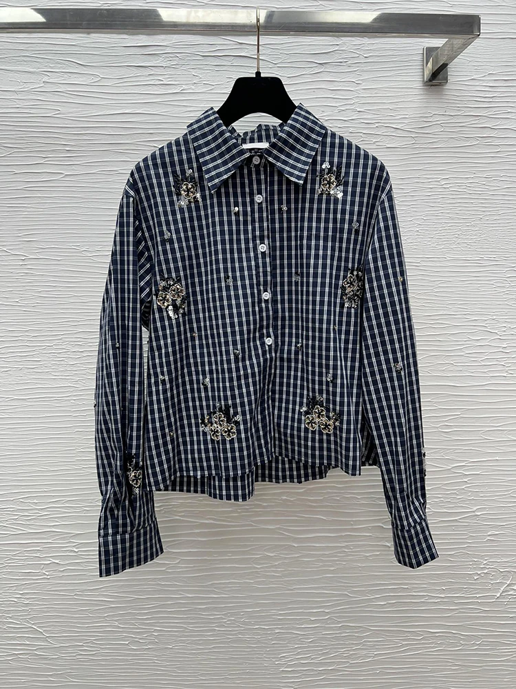 

Spring Autumn Fashion Daily Casual Vintage Plaid Blouses Women's Turn-down Collar Sequins Beading Loose Long Sleeve Shirt