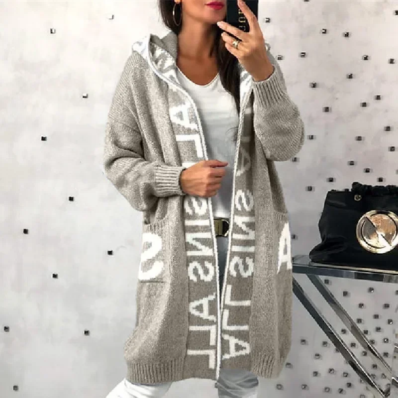 

Cardigan Sweater Long Sleeve Pockets Autumn Y2K Sweater Women Cardigan Hooded Knitted Sweater Coat Casual Cardigan