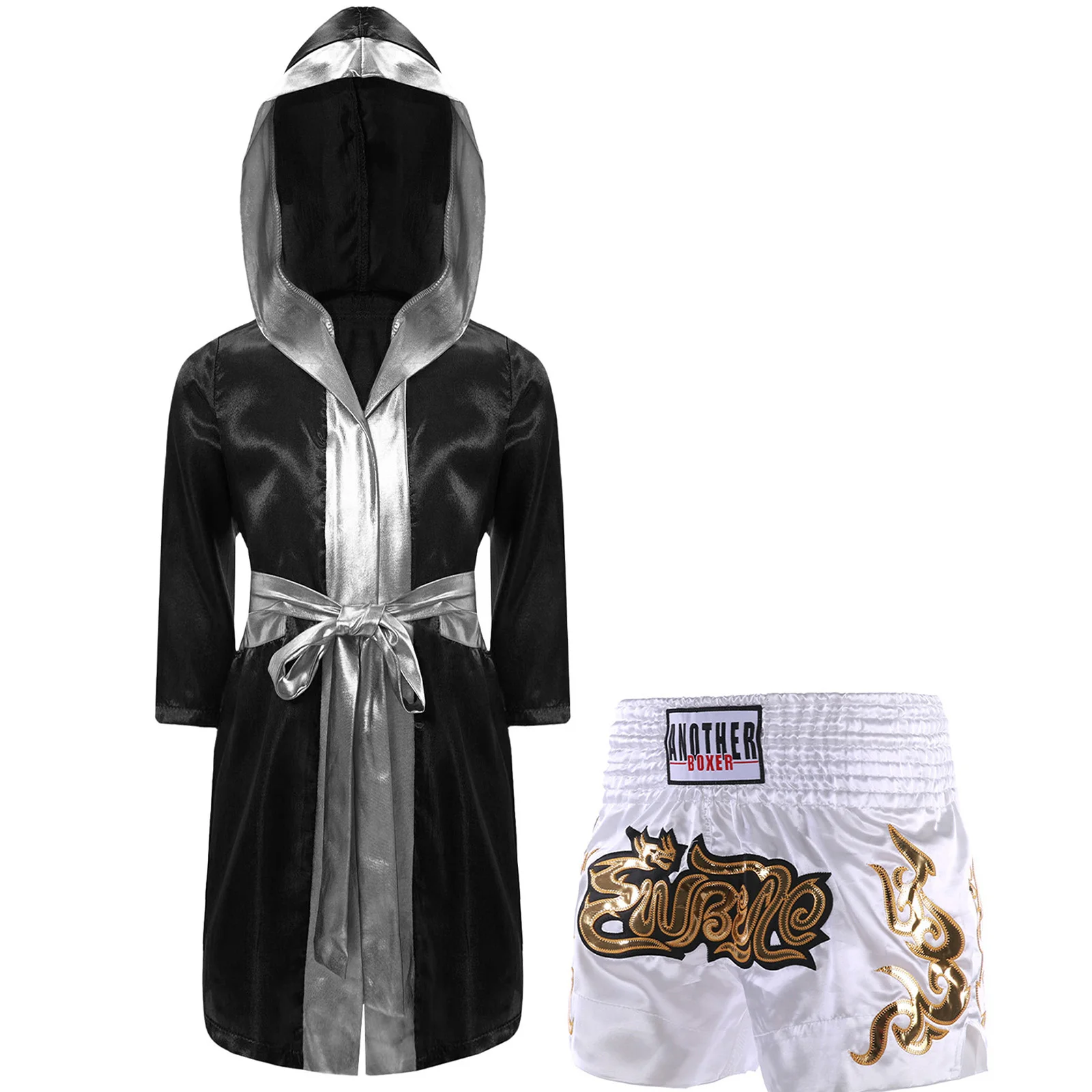 Kids Boxing Robes for Boys Martial Arts Outfit Muay Thai Metallic Trim Satin Hooded Robe with Shorts Fight Grappling Costume image 6