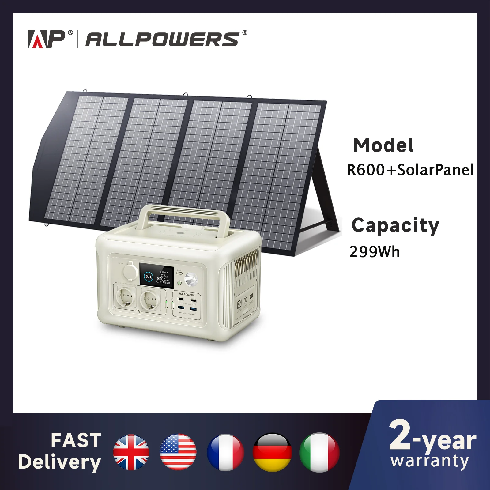 ALLPOWERS R600 Portable Powerstation with Solarpanel (Optional)，299Wh 600W LiFePO4 Battery for Home Backup Outdoors Camping RV