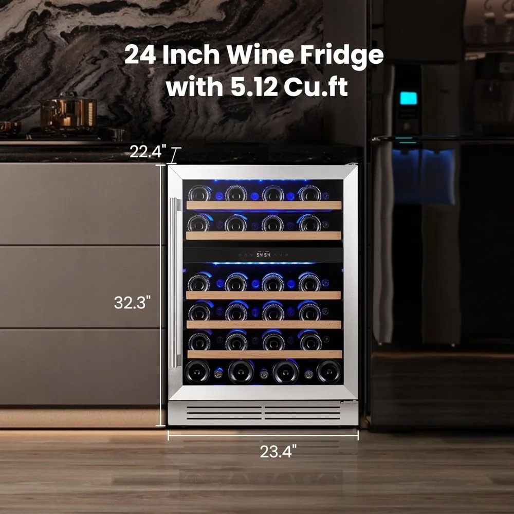 Refrigerador de vinho - Refrigerador de vinho de zona dupla de 24 polegadas com suporte para 47 garrafas, 40-65 ° Porta de vidro para geladeira de vinho F, embutida, independente